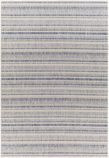 Close-up of Dumalag Striped Nordic Rug. Blue and oatmeal stripes in a woven, transitional design. Bohemian style rug texture. Design-Rectangle-5377