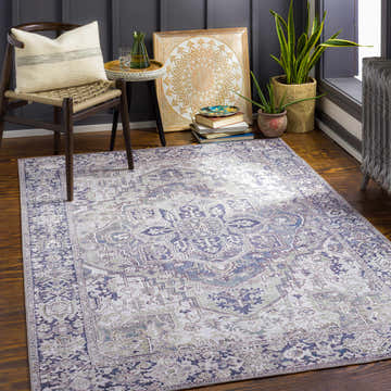 Living room scene with Neyland Iris Gray Area Rug, wood floors, chair, plants, and bohemian decor. Roomscene-Rectangle