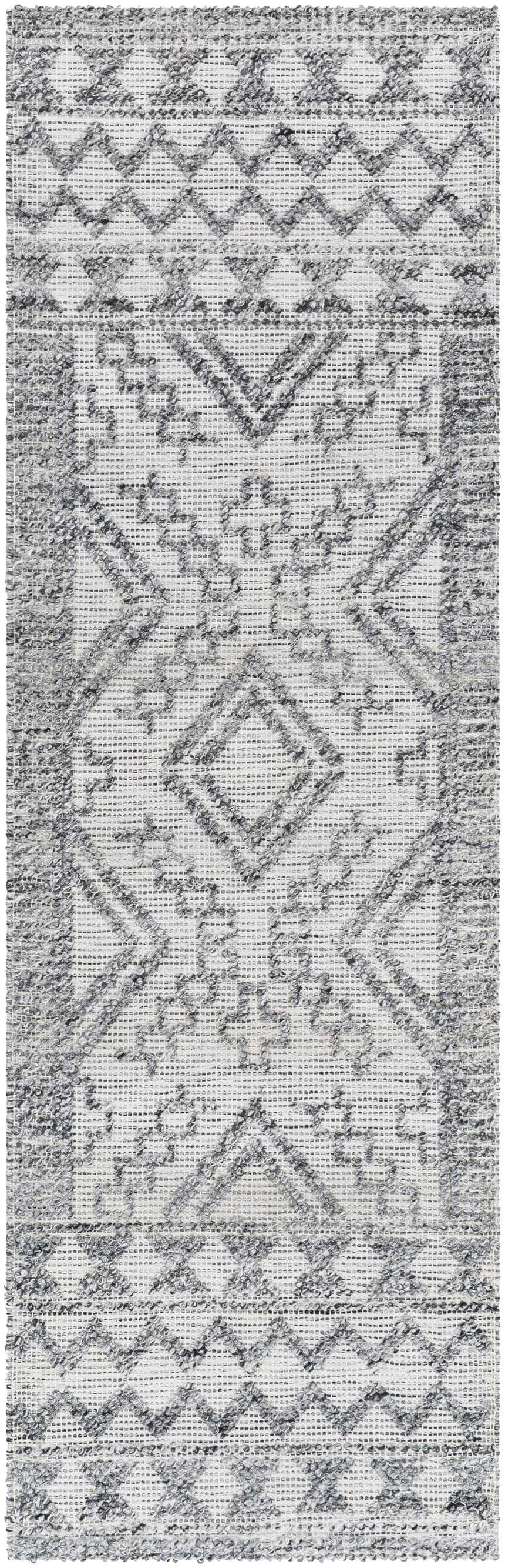 Close-up of the hand woven Adan Area Rug. Farmhouse style rug in arctic stone, dark gray, ink, nickel, and nutmeg. Design-Runner-268
