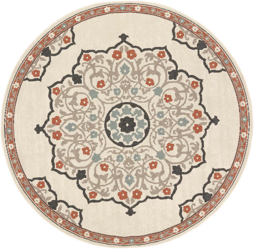 Close-up of a round Dolomite Carpet. Beige rug with a traditional floral medallion design in black, brown, rust, and sage. Design-Round-73