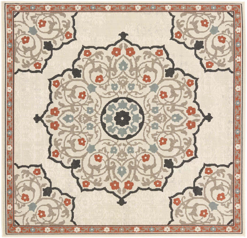 Close-up of the Dolomite Carpet - Clearance. Beige rug with a traditional floral medallion pattern in brown, black, rust, and sage. Design-Square-73