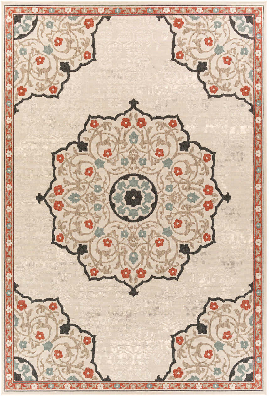 Close-up of the Dolomite Carpet. Beige rug with traditional floral pattern in rust, black, brown, and sage. Design-Rectangle-76109