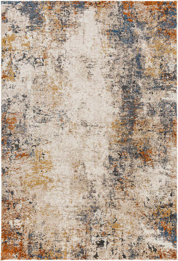 Close-up of the Donar Thick Luxe Rug with a distressed pattern in beachhouse, blue, tan, and charcoal hues. Design-Rectangle-5373