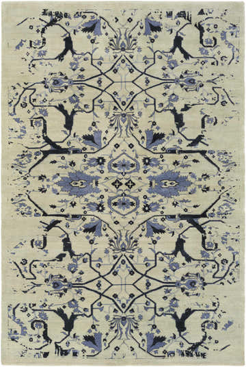 Hand knotted Doraville Area Carpet in black, blue, and seafoam featuring a traditional floral and geometric pattern. Design-Rectangle