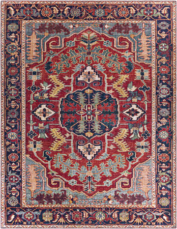 Detailed view of the Dorcas Red Performance Rug, showcasing its traditional Oriental pattern and rich burgundy, navy, and cream colors. Design-Rectangle-7696
