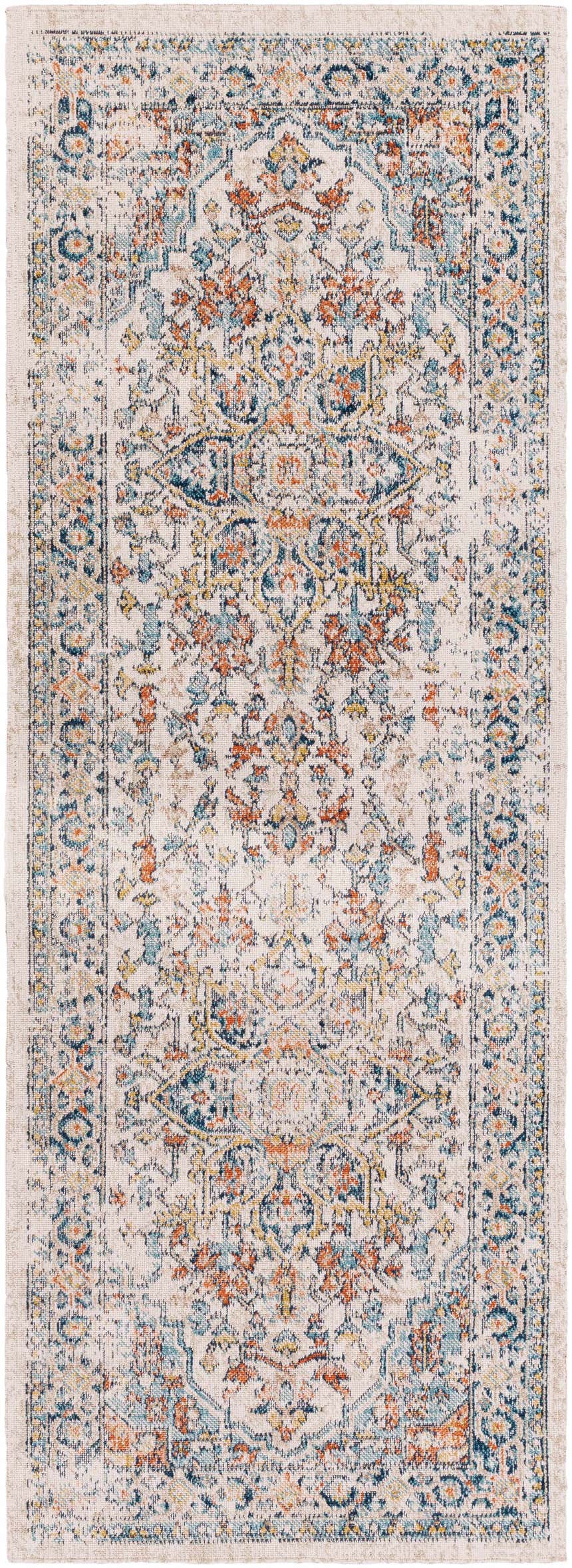 Close-up of the Dorval Traditional Rug, showcasing its brick red, cream, and denim oriental pattern. Design-Runner-2710