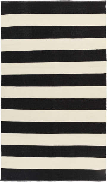Close-up of the Douds Area Rug featuring a bold black and cream striped pattern and hand-woven texture. Design-Rectangle-58