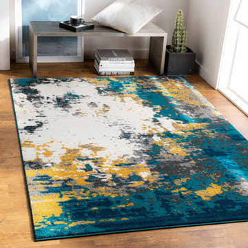Entryway scene with a contemporary Dover Area Rug in teal, mustard, gray, and cream. Modern silver bench and wood floors. Roomscene-Rectangle