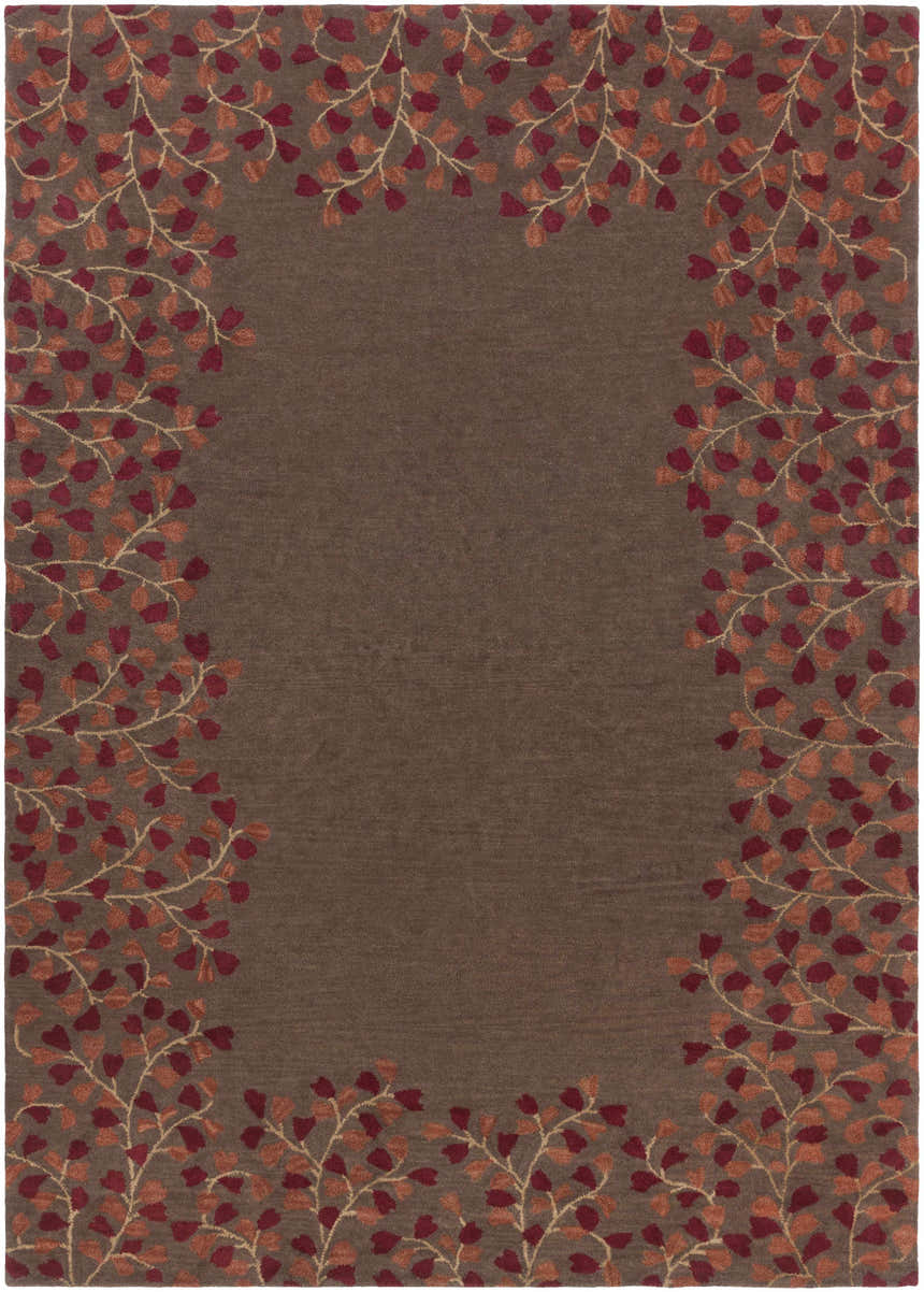 Close-up of the wool Dovercourt Clearance Rug featuring a brick red leaf pattern on a dark brown background. Design-Rectangle-811