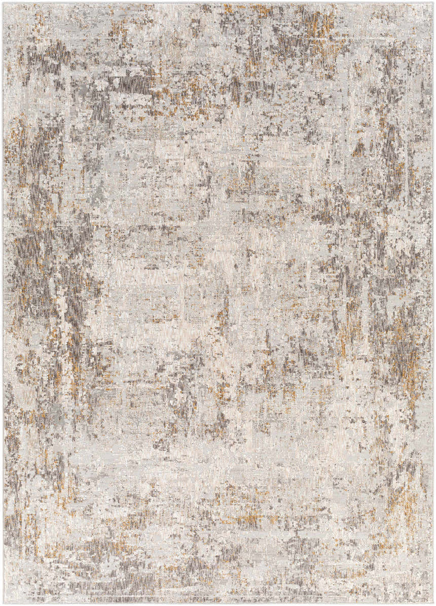 Close-up of the Dowell Luxe Textured Area Rug. Abstract pattern in shades of gray, brown, off-white, and mustard. Machine woven polyester. Design-Rectangle-573