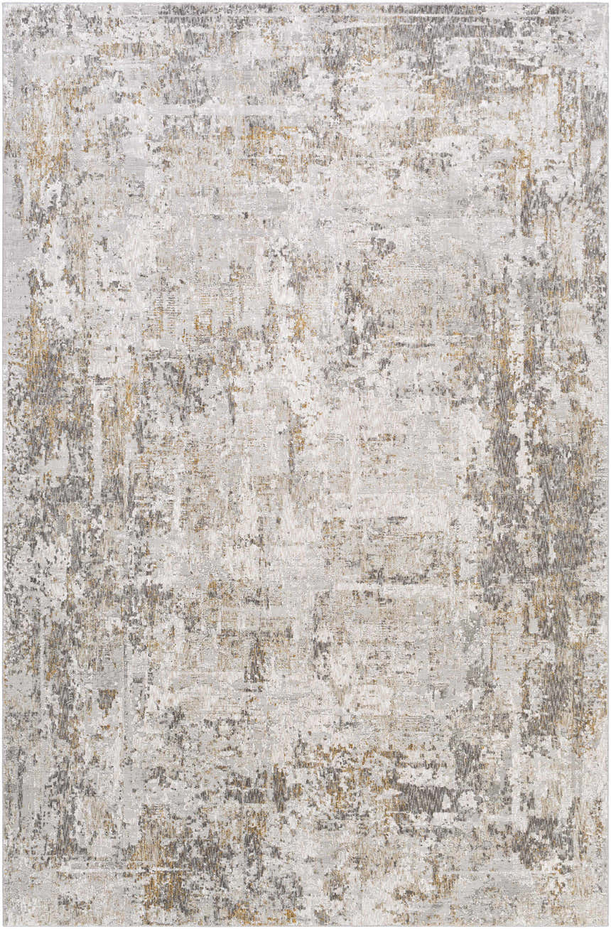 Close-up of the Dowell Luxe Textured Area Rug. Abstract pattern in shades of gray, off-white, and mustard. Design-Rectangle-6796