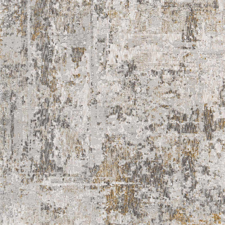 Close-up of the Dowell Luxe Textured Area Rug. Features gray, off-white, and mustard hues in a distressed, contemporary pattern. Swatch