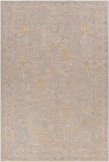 Drika Thick Luxe Area Rug with a traditional taupe, mustard and blue pattern. Machine woven polyester rug. Design-Rectangle-6796