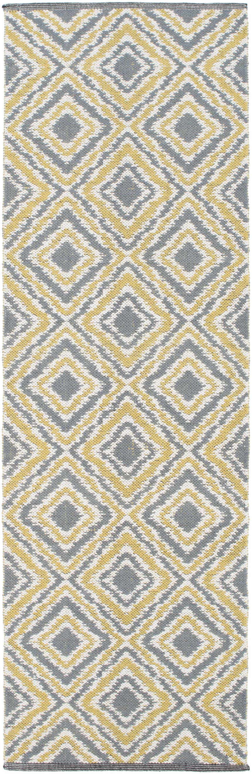 Close-up of the hand woven Druid Area Rug. Contemporary diamond pattern in charcoal, ivory, and mustard yellow wool. Design-Runner-268