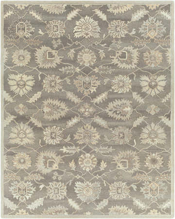 Close-up of the hand-tufted Dulles Area Rug. Bohemian style with floral pattern in shades of taupe, beige, and brown. Design-Rectangle-7696