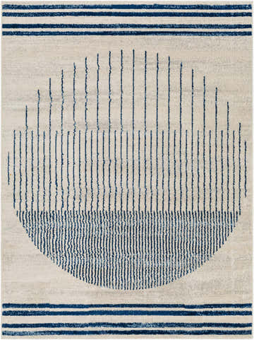 Close-up of the Duri Area Rug. Admiral blue stripes and linear circle on a natural gray background. Contemporary style. Design-Rectangle-537