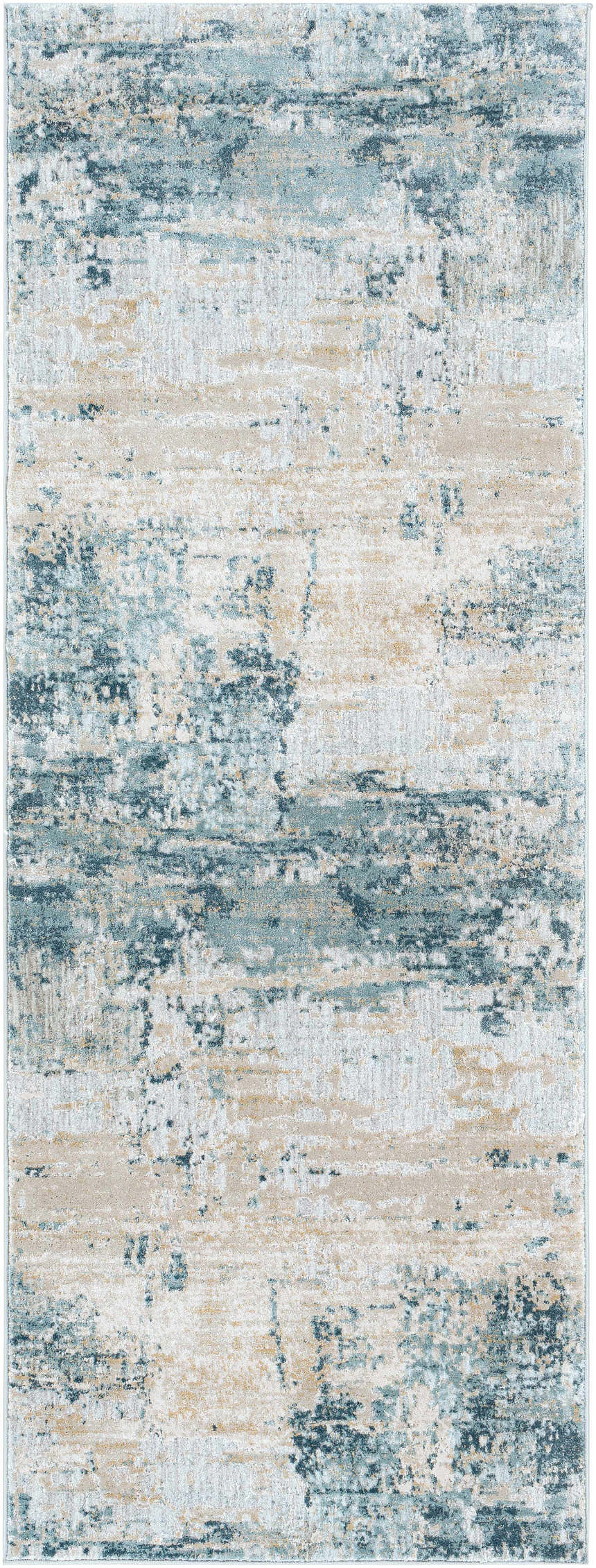 Close-up of Devonport Thick Luxe Area Rug with abstract design in dusty sage, light gray, navy, olive, pale blue, taupe, teal, and white. Design-Runner-2710