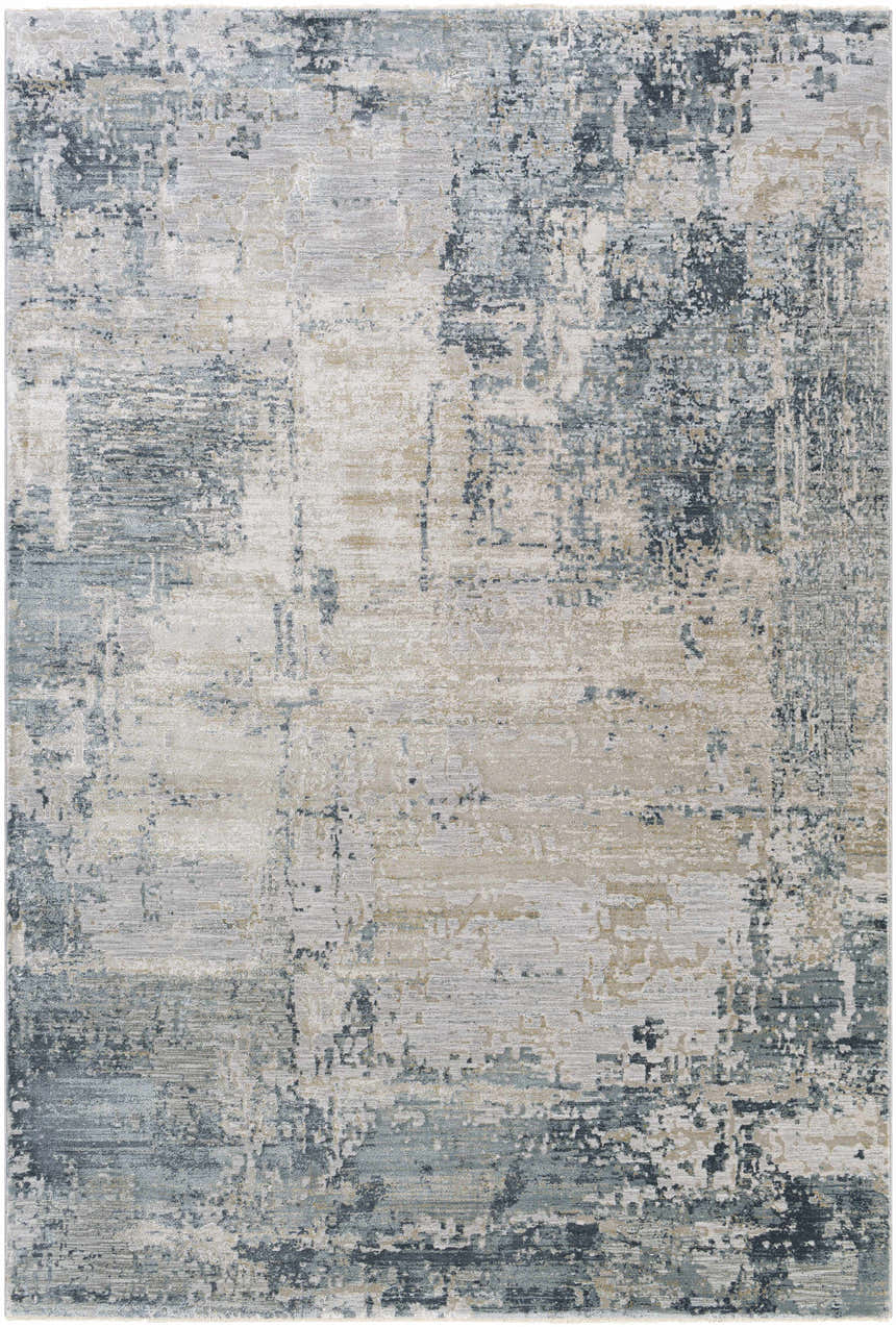 Close-up of the Devonport area rug. Abstract design in dusty sage, light gray, navy, olive, pale blue, taupe, teal, and white. Design-Rectangle-6796