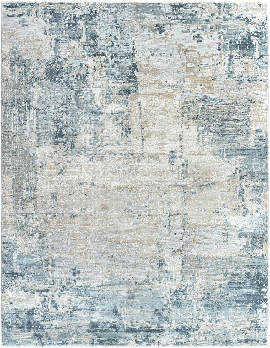 Close-up of Devonport Thick Luxe Area Rug. Abstract design in dusty sage, light gray, navy, and taupe. Soft texture. Design-Rectangle-710103