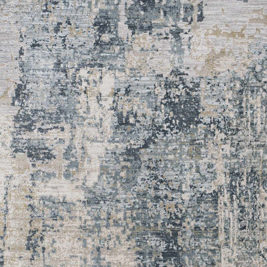 Close-up of the Devonport rug. Abstract design in dusty sage, light gray, navy, olive, pale blue, taupe, teal, and white. Swatch