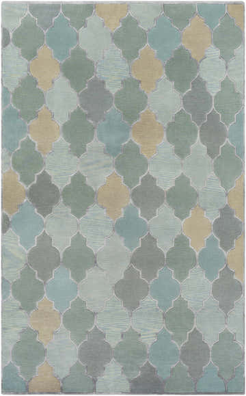 Close-up of the Eads Area Rug. Beige, ice blue, light sage, and slate quatrefoil pattern. Hand-knotted wool rug. Design-Rectangle-58