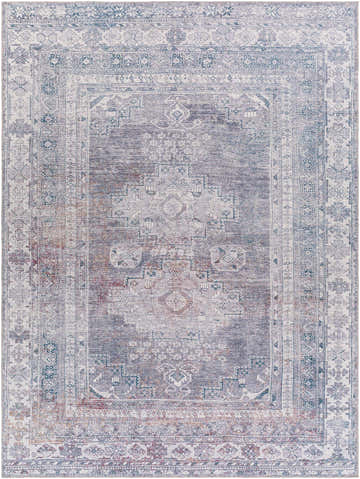 Close-up of the Baltinglass Gray Washable Rug, featuring a traditional oriental pattern in brown, charcoal, cream, and gray. Design-Rectangle-710102