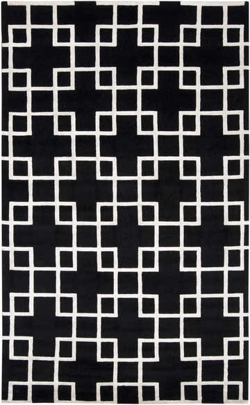 Close-up of the Eaglescliffe Premium Area Carpet. Black wool rug with a white geometric, square-linked pattern. Design-Rectangle-58