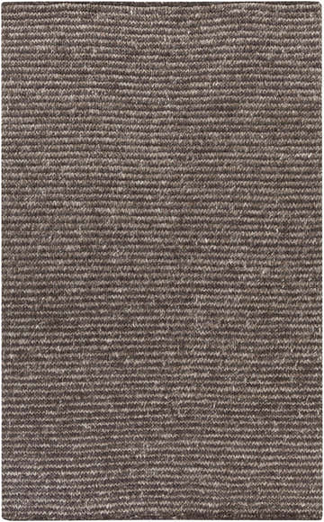 Close-up of the hand-woven Edisto Area Rug. Dark brown and gray wool and viscose fibers create a textured, farmhouse style. Design-Rectangle-58