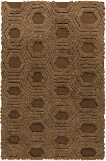 Close-up of the brown Edmonds Area Rug. Hand-woven wool shag rug with a contemporary geometric hexagon pattern. Design-Rectangle-58