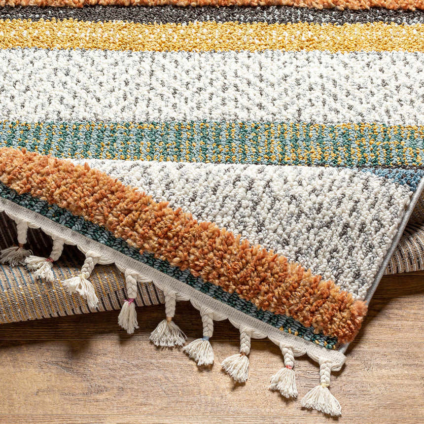 Close-up of the Edmundston Area Rug featuring black, blue, bone, and mustard stripes and decorative tassels. Fold