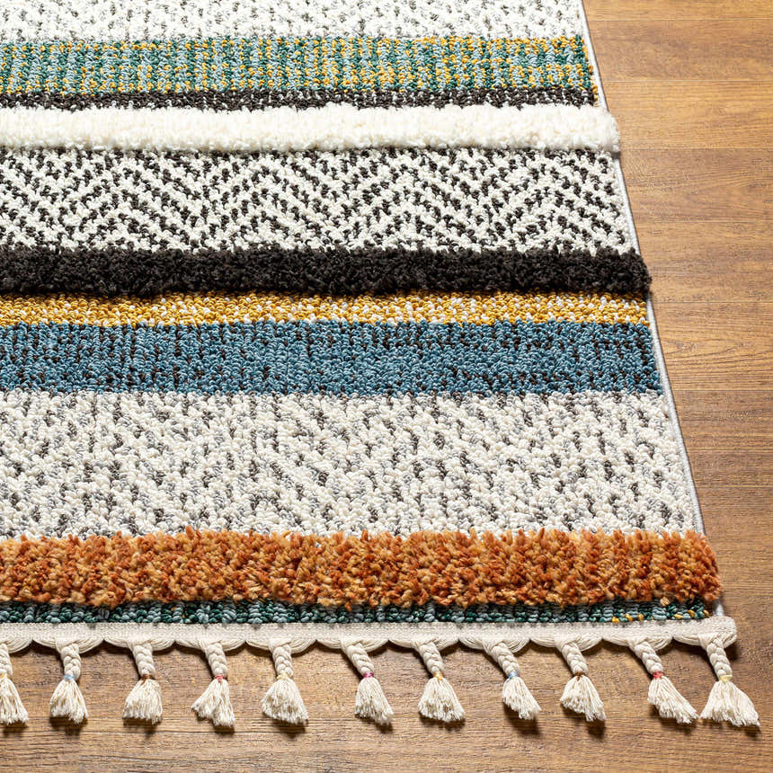 Close-up of the Edmundston Area Rug featuring black, blue, bone, camel, and mustard stripes with tassels on a wood floor. Front