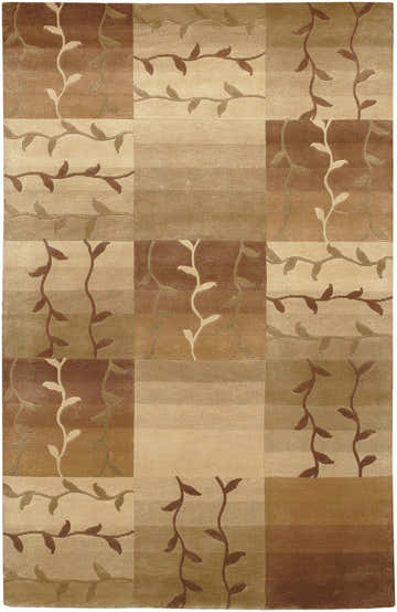 Close-up of the Egham Area Carpet. Beige, camel, and brown squares with a vine and leaf pattern. Hand-knotted wool rug. Design-Rectangle-58