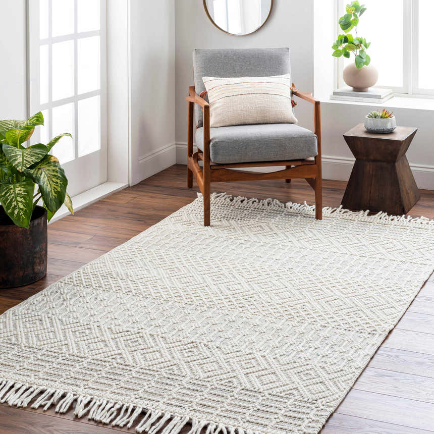 Living room scene with a gray chair on a light neutral Egil Wool-blend Area Rug. Roomscene-Rectangle