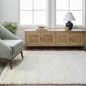 Living room scene with light gray chair and Eguia Area Rug in oatmeal color, styled with a farmhouse cabinet. Roomscene-Rectangle