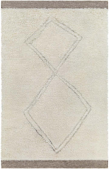 Close-up of the Eguia Area Rug, a hand-knotted wool rug with a geometric diamond pattern and brown striped edges. Oatmeal color. Design-Rectangle-576
