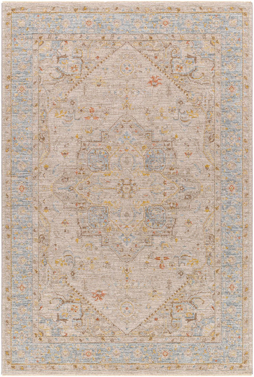 Close-up of the Ehan Cream Thick Luxe Oushak Rug featuring a traditional design with amber, blue, and taupe tones. Design-Rectangle-575
