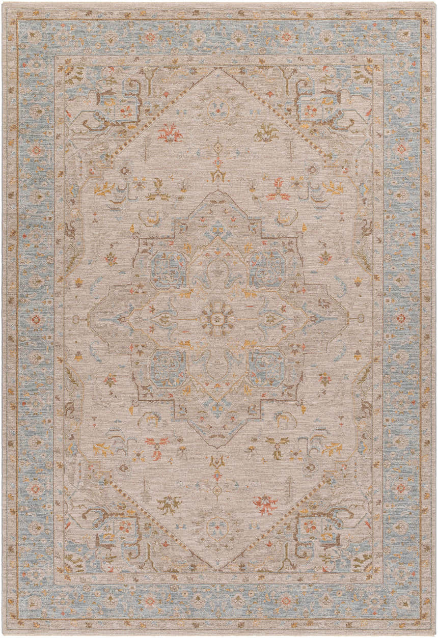 Close-up of the Ehan Cream Thick Luxe Oushak Rug. Features amber, brown, pink, olive, gray, and mustard tones in a traditional pattern. Design-Rectangle-6796