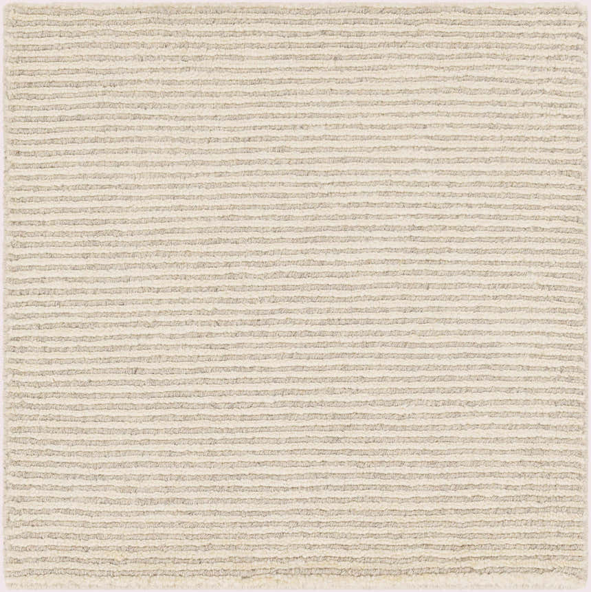 Close-up of the Elco Clearance Rug. Hand-knotted rug with medium gray and wheat horizontal stripes. Wool and viscose blend. Swatch