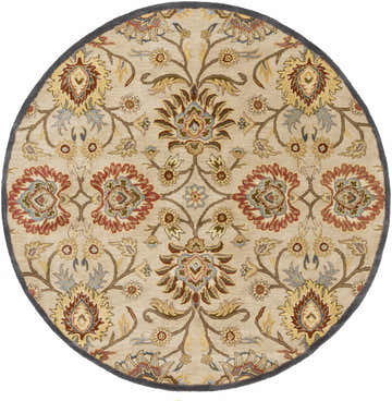 Close-up of a round Caesar 1116 rug. Hand-tufted wool rug in beige with rust, blue, and yellow floral oriental pattern. Design-Round-8