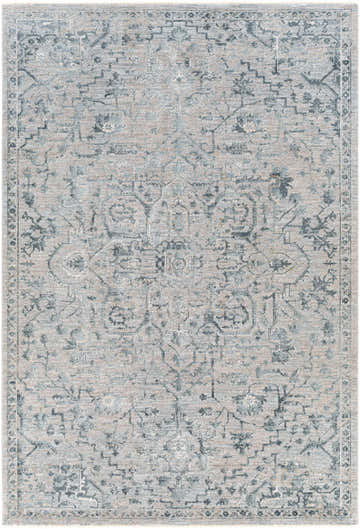 Detailed texture of the Embsay Teal Boutique Rug with traditional patterns in teal, sage, beige, and gray. Design-Rectangle-575