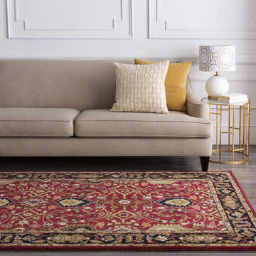 Living room scene with a red Encinitas Wool Area Rug, beige sofa, and gold side table with a lamp. Roomscene-Rectangle