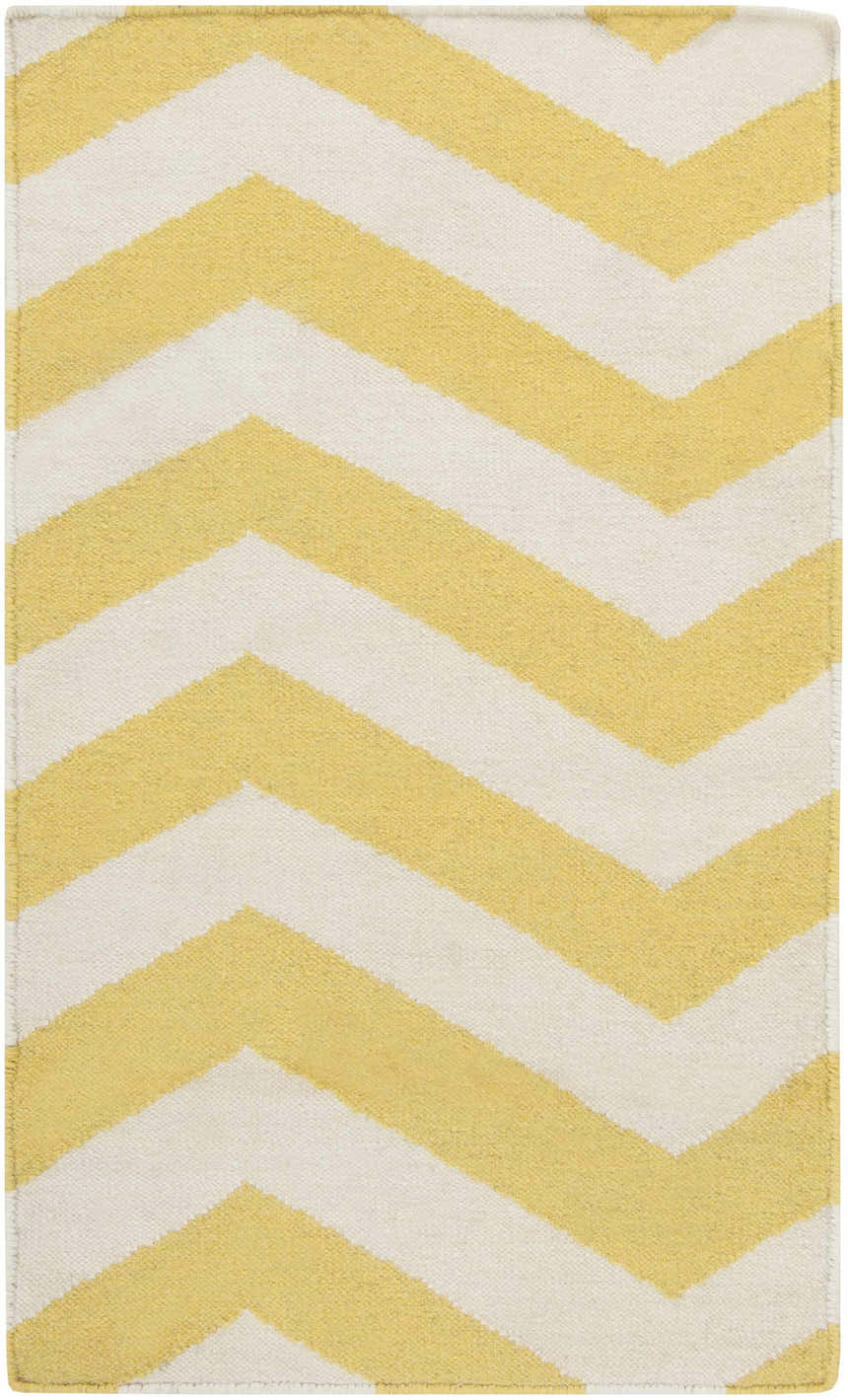 Close-up of the Enniskillen Area Rug: a white and yellow, hand-woven wool rug with a bold chevron pattern. Design-Rectangle-23