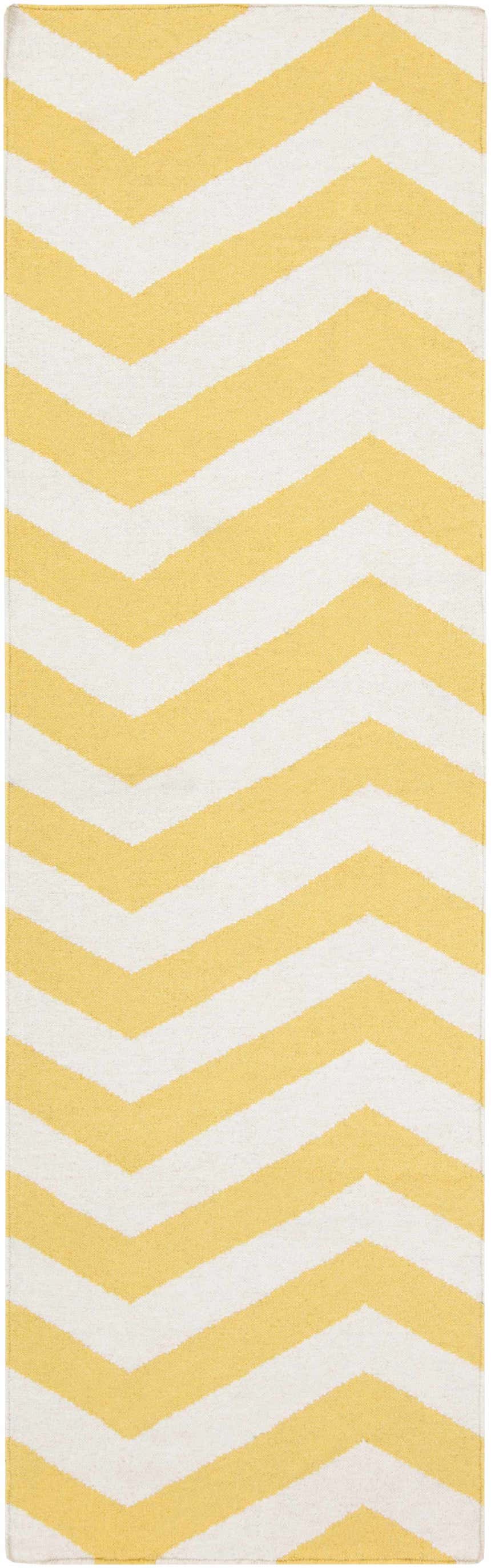 Close-up of the Enniskillen Area Rug. White and yellow wool rug with a contemporary chevron pattern. Hand woven texture. Design-Runner-268