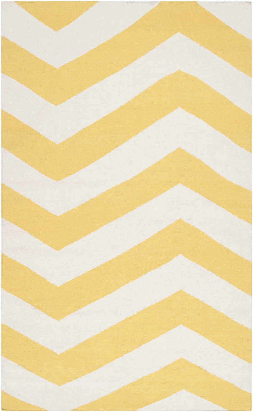 Close-up of Enniskillen Area Rug. Hand-woven 100% wool rug with a bold white and yellow chevron pattern. Design-Rectangle-58