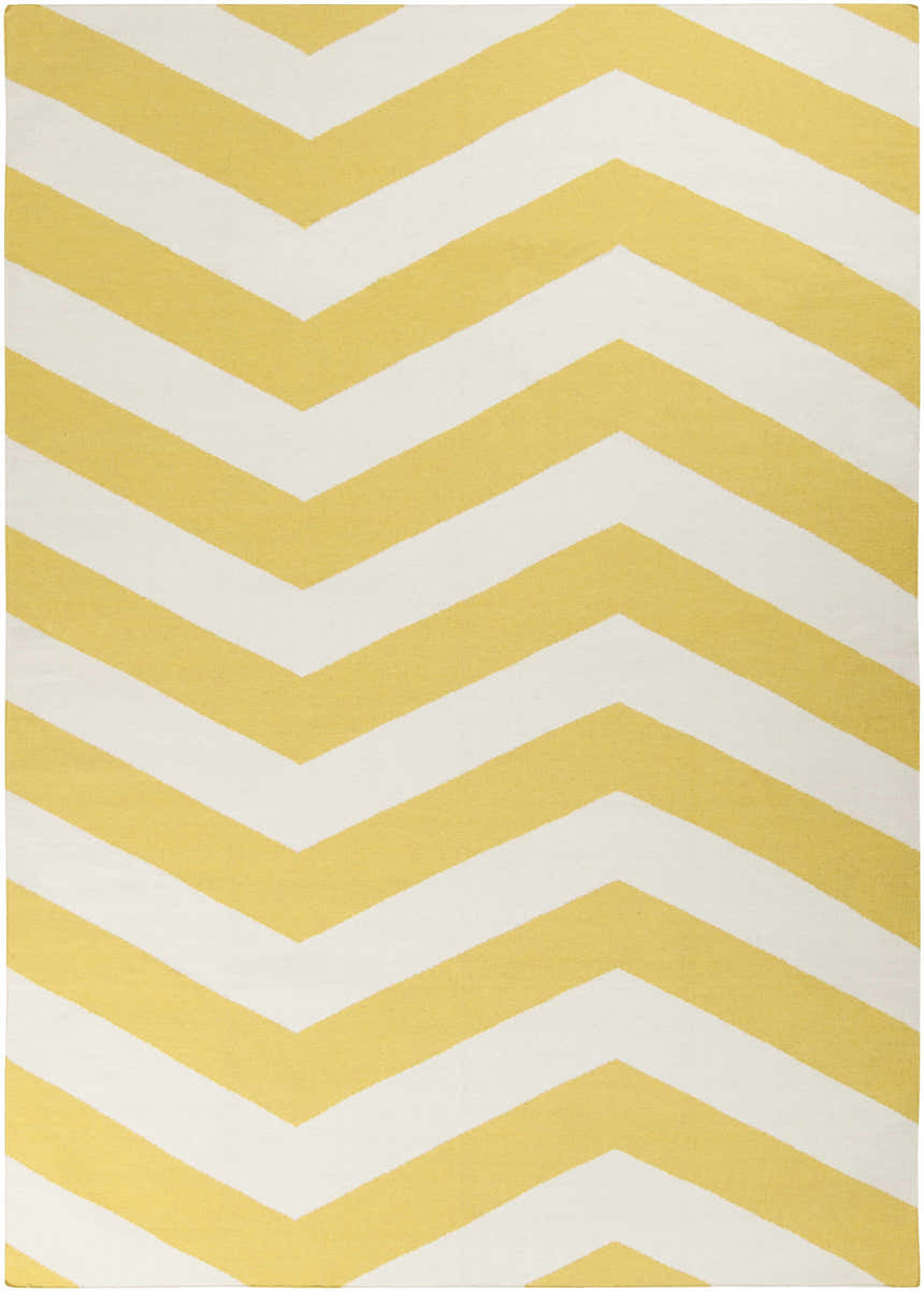 Close-up of the Enniskillen Area Rug: a hand woven wool rug with a yellow and white chevron pattern. Design-Rectangle-811