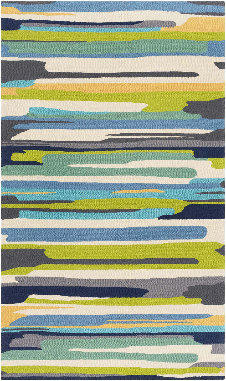 Close-up of the Ephrata Colorful Blue Rug, a hand-hooked rug with horizontal stripes in aqua, blue, green, gray, navy, and yellow. Design-Rectangle-58