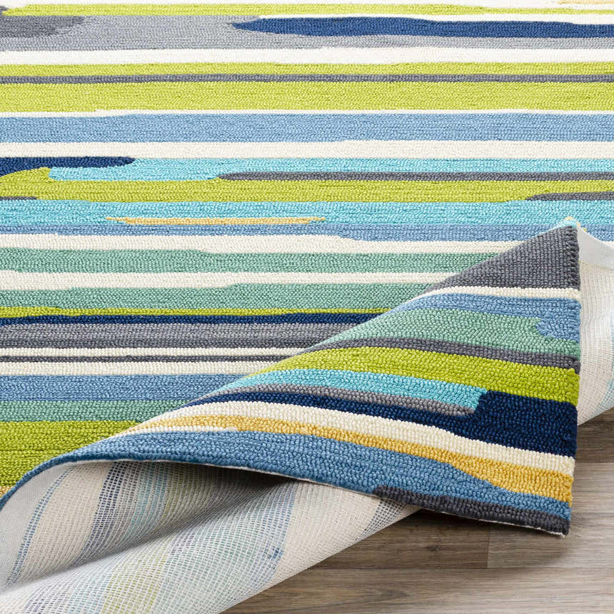 Close-up of the hand-hooked Ephrata Colorful Blue Rug, featuring aqua, blue, green, and yellow horizontal stripes. Fold