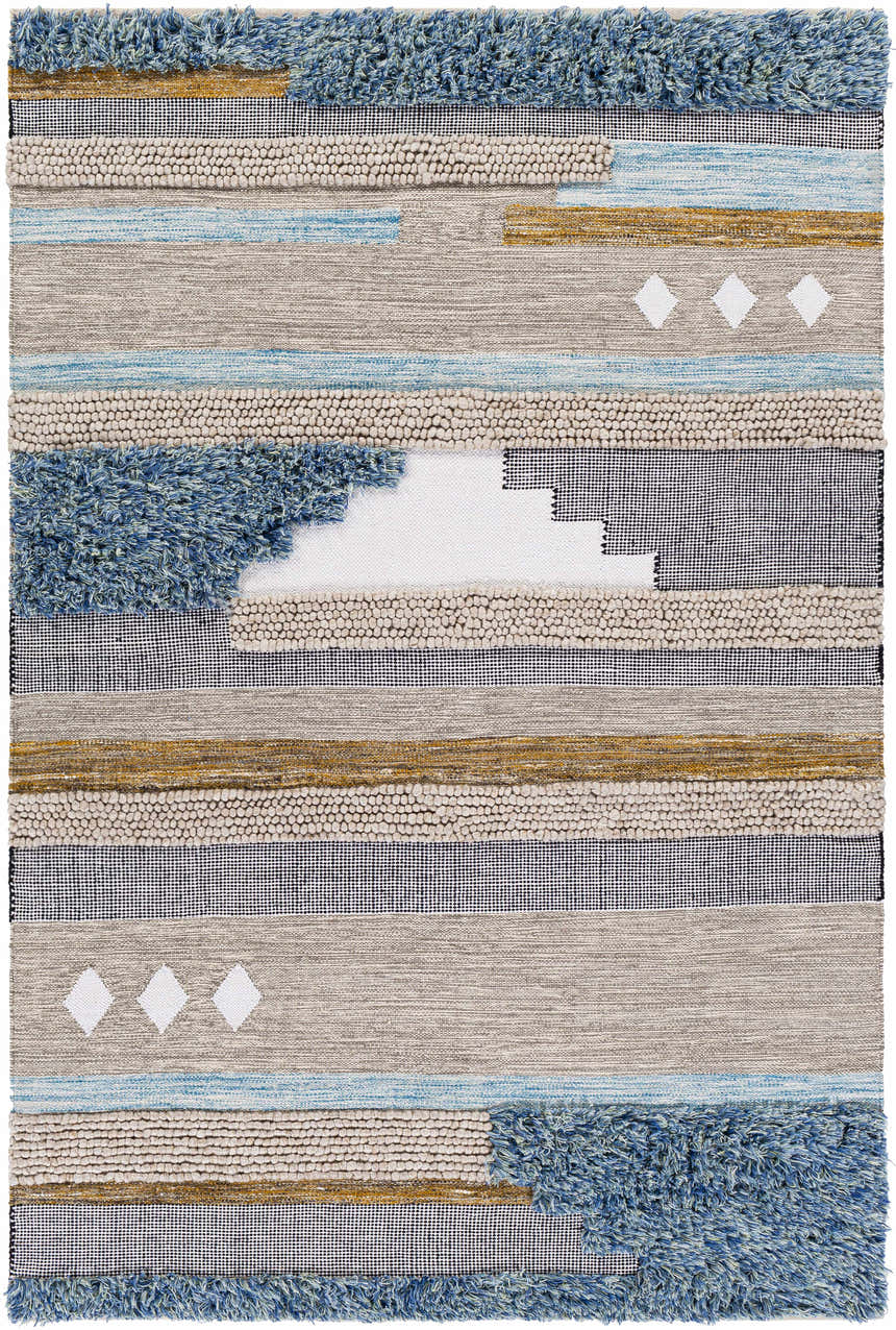 Close-up of Ephraim Carpet with aqua, tan, blue, and white hues. Hand-woven wool rug with farmhouse style and unique textures. Design-Rectangle-576