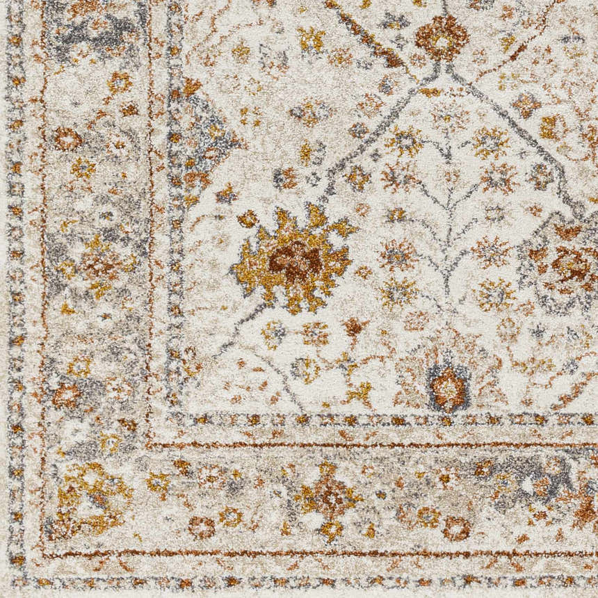 Close-up of the Paatan Luxe Floral Oushaq Area Rug, showcasing its floral pattern in cream, gold, brown, and gray tones. Swatch