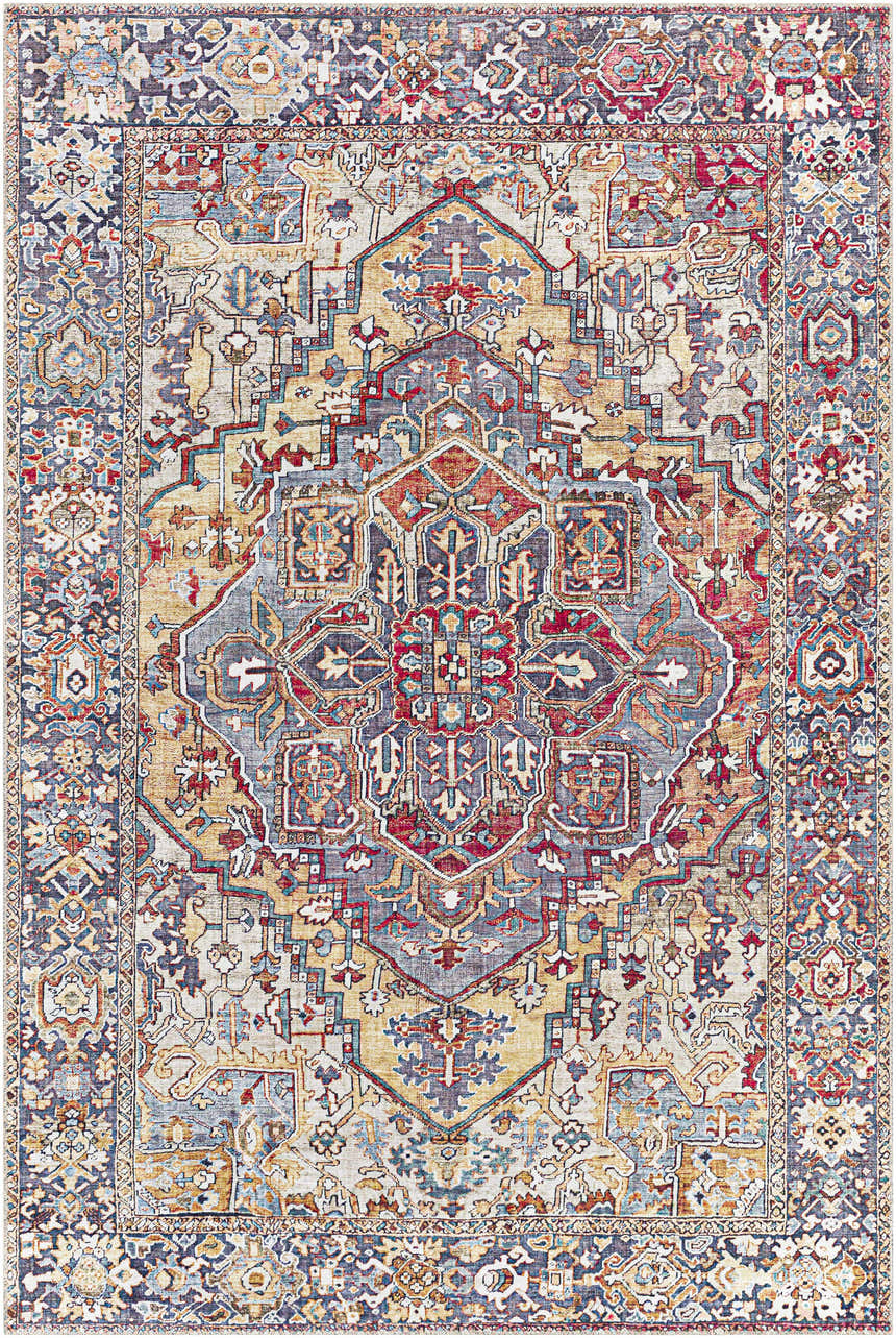Detailed close-up of the Neyland Iris Area Rug. Features a traditional, bohemian pattern in beige, red, blue, and olive tones. Design-Rectangle-576